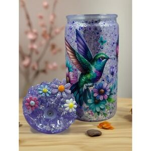 Hummingbird Snowglobe Tumbler: Floral Ice Lid, 16oz Libby Acrylic